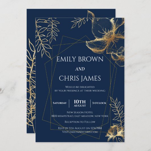 ゴールデンフローラ咲き モダン結婚式 招待状 (正面/裏面)