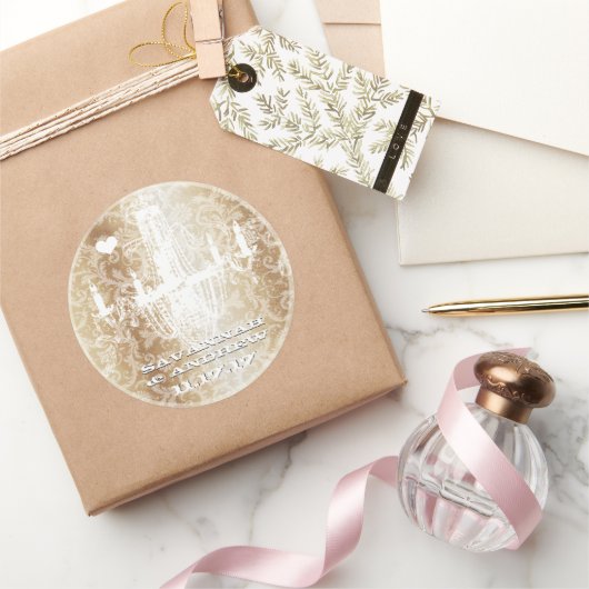 ゴールデンブラウンヴィンテージダマスクシャンデリアステッカー ラウンドシール (ギフト)