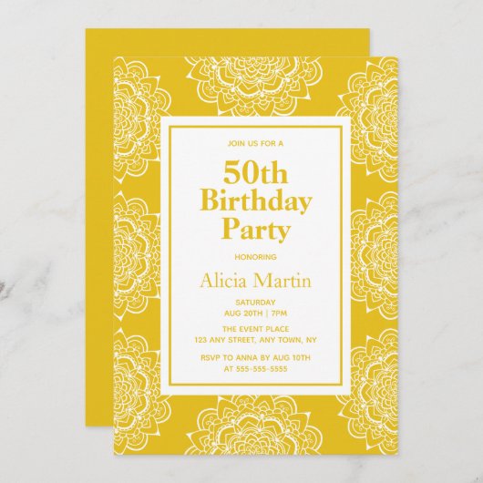 ゴールデンブラウン&ホワイトマンダラフラワー50誕生日 招待状 (正面/裏面)