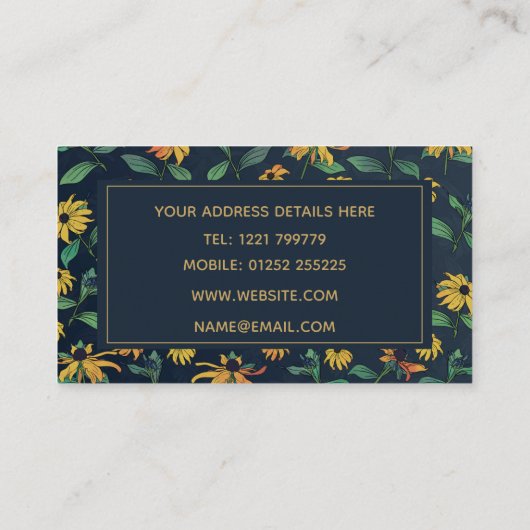 ゴールデンブラックアイデイジーフラワーズダークブルーデザイン 名刺 (裏面)