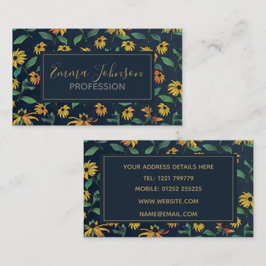 ゴールデンブラックアイデイジーフラワーズダークブルーデザイン 名刺 (正面/裏面)