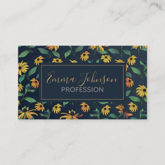 ゴールデンブラックアイデイジーフラワーズダークブルーデザイン 名刺 (正面)