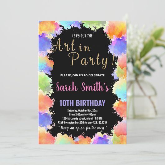 ゴールデンブラックカラー絵を描誕生日招待状 招待状 (スタンド正面)