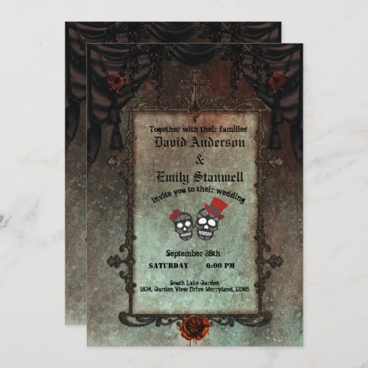 ゴールデンブラックゴシック鏡フレームハロウィ結婚ーンズ 招待状 (正面/裏面)