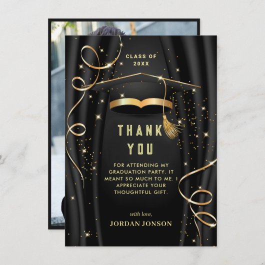 ゴールデンブラックモダン卒業写真 サンキューカード (正面/裏面)