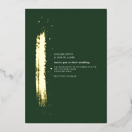 ゴールデンブラッシュストロークエメラルドミニマ結婚リスト 箔招待状 (正面)