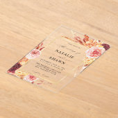 ゴールデンブルゴーニュ&赤面ピンクフローラ結婚ズ アクリル招待状 (レイダウン)