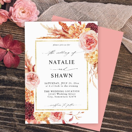 ゴールデンブルゴーニュ&赤面ピンク結婚フローラズ – ピンク 招待状