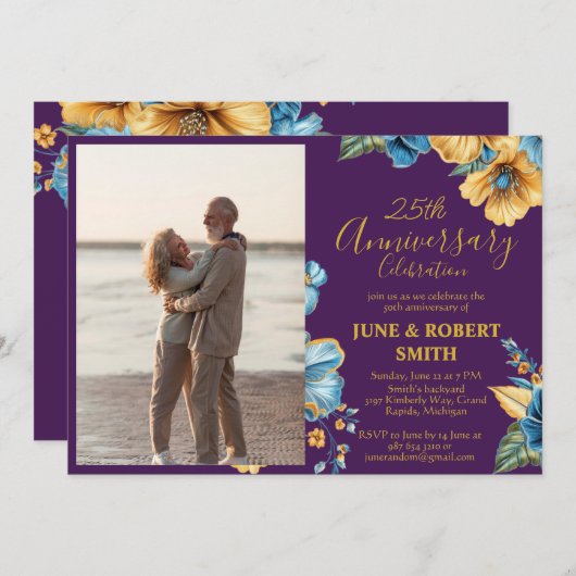 ゴールデンブルーフローラ結婚25周年 招待状 (正面/裏面)