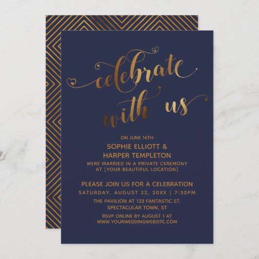 ゴールデンブルー　私たちと一緒にお祝いしよう　結婚式後イベント 招待状 (正面/裏面)
