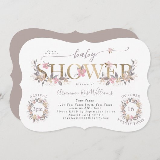 ゴールデンブーケ秋ピンクベビーシャワー招待状 招待状 (正面/裏面)