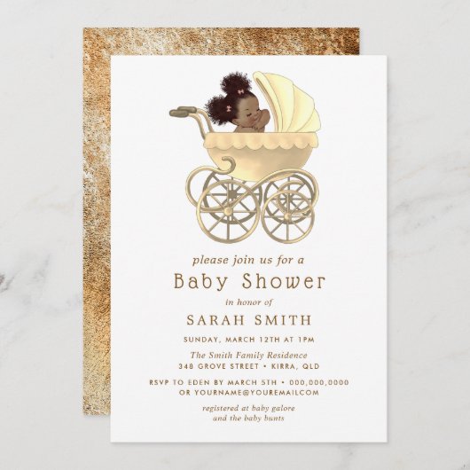 ゴールデンプラムかわいいベビー金ゴールドベビーシャワー 招待状 (正面/裏面)