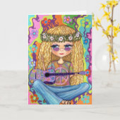 ゴールデンヘアヒッピーChickパープルギターピースサイン カード (黄色い花)