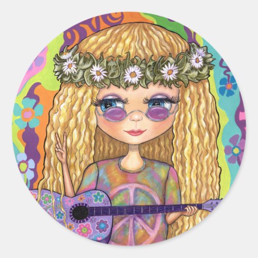 ゴールデンヘアヒッピーChickパープルギターピースサイン ラウンドシール (正面)