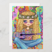 ゴールデンヘアヒッピーChickパープルギターピースサイン 招待状 (正面/裏面)