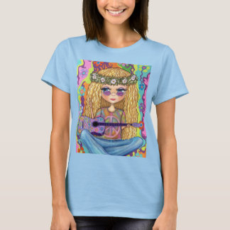 ゴールデンヘアヒッピーChickパープルギターピースサイン Tシャツ