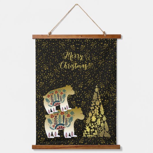 ゴールデンベアーメリークリスマスツリーノルディックウォールデコール 吊り下げ型タペストリー (正面)