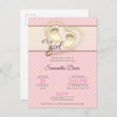 ゴールデンベビーガールの足跡とハートベビーシャワー インビテーションポストカード (正面/裏面)