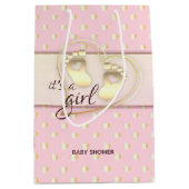 ゴールデンベビーガールの足跡とハートベビーシャワー ミディアムペーパーバッグ (正面)