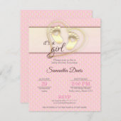 ゴールデンベビーガールの足跡とハートベビーシャワー 招待状 (正面/裏面)