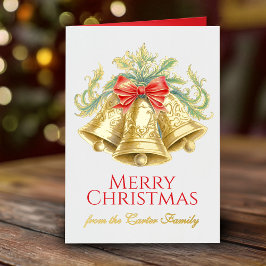 ゴールデンベルと赤い弓の水色クリスマス 箔グリーティングカード