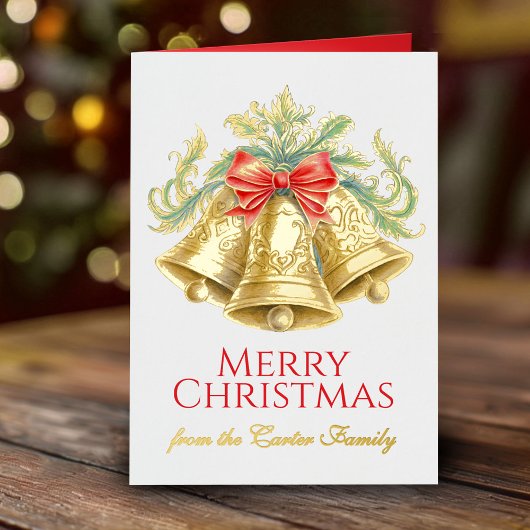 ゴールデンベルと赤い弓の水色クリスマス 箔グリーティングカード