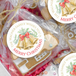 ゴールデンベルウォーターカラーレッドボウメリークリスマス ラウンドシール