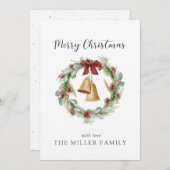 ゴールデンベル付きメリークリスマスの葉リース。 シーズンカード (正面/裏面)