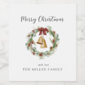 ゴールデンベル付きメリークリスマスの葉リース。 ワインラベル (シングルラベル)