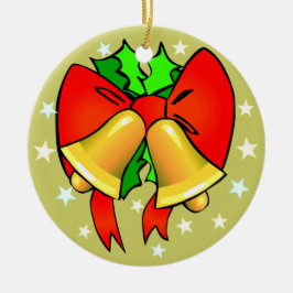 ゴールデンベル 赤いリボン 緑のヒイラギ クリスマス セラミックオーナメント