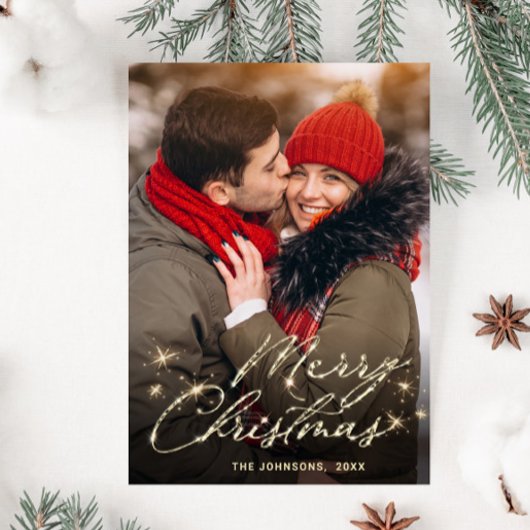 ゴールデンホモダンリデーフォトクリスマスグリーティング ポストカード