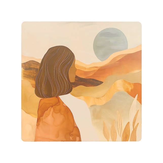 ゴールデンホライゾン – 抽象芸術デザートウーマン メタルプリント (正面)