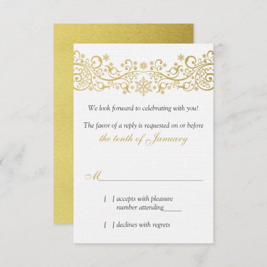 ゴールデンホワイトの雪の結晶の花のウェディング・RSVP返信 出欠カード (正面/裏面)