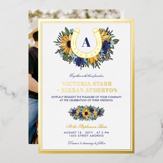 ゴールデンホースシューブルーサンフラワーフォト結婚ズ 箔招待状 (正面/裏面)
