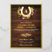 ゴールデンホースシューモノグラムヒマワリ結婚ズウッド 箔招待状 (正面)