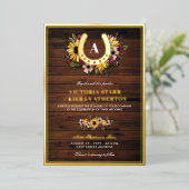 ゴールデンホースシューモノグラムヒマワリ結婚ズウッド 箔招待状 (立ち正面)