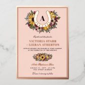 ゴールデンホースシュー赤面ヒマワリ結婚ス写真 箔招待状 (正面)