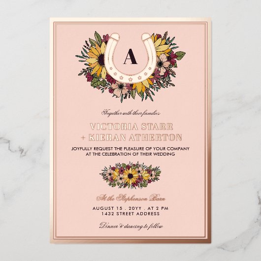 ゴールデンホースシュー赤面ヒマワリ結婚ス写真 箔招待状 (正面)