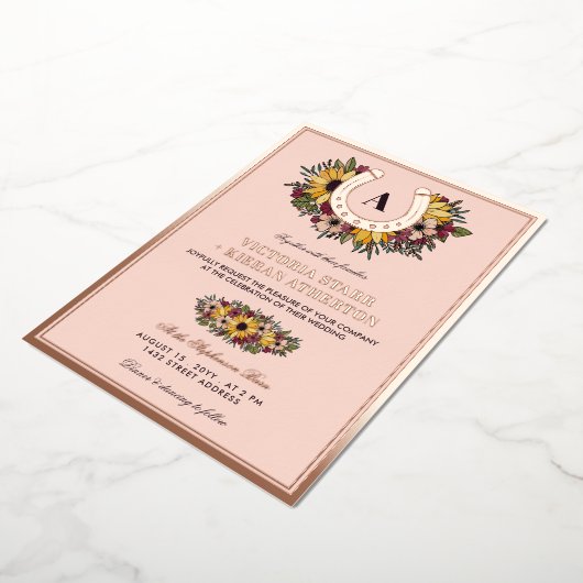 ゴールデンホースシュー赤面ヒマワリ結婚ス写真 箔招待状 (回転した状態)