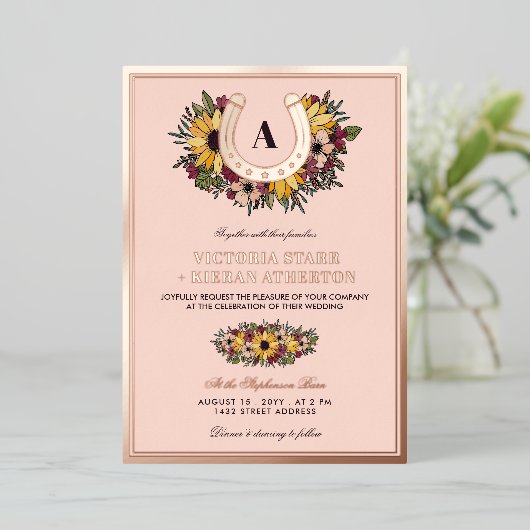 ゴールデンホースシュー赤面ヒマワリ結婚ス写真 箔招待状 (立ち正面)