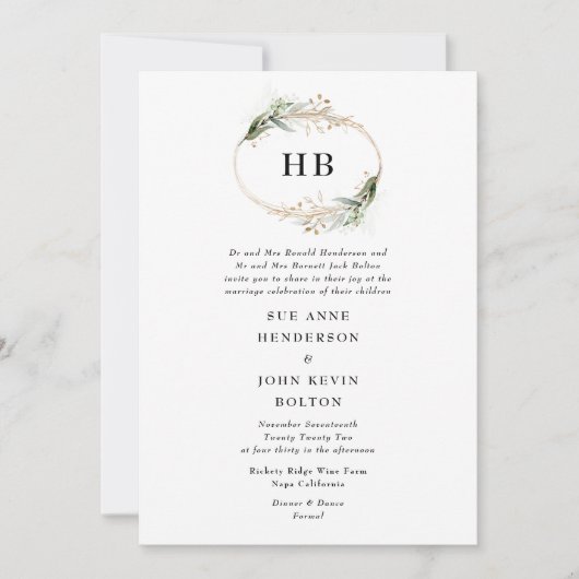 ゴールデンボタニカルユーカリリースモノグラムグリーン 招待状 (正面)