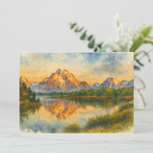 ゴールデンマウンテンリフレクション水彩風景 サンキューカード (スタンド正面)