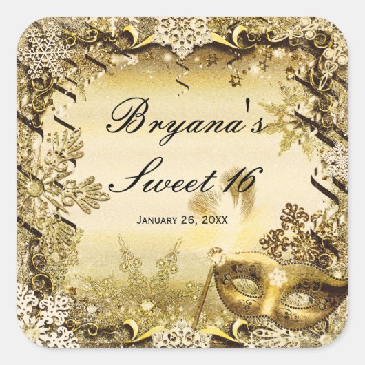 ゴールデンマスカレードマスク&冬の雪エレガント片 スクエアシール (正面)