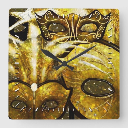 ゴールデンマルディグラスマスクウォールクロック スクエア壁時計 (正面)