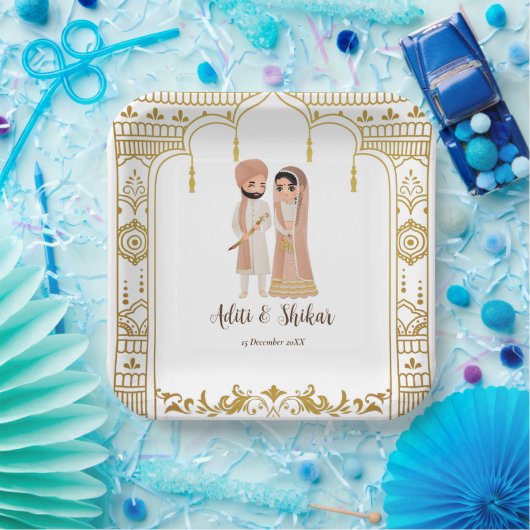 ゴールデンマンダプ縁どインディアンデザインスクエア ペーパープレート (パーティー)