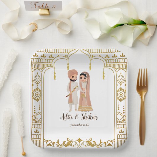 ゴールデンマンダプ縁どインディアンデザインスクエア ペーパープレート (ウェディング)