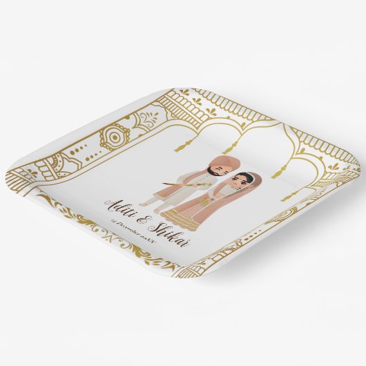 ゴールデンマンダプ縁どインディアンデザインスクエア ペーパープレート (傾斜あり)