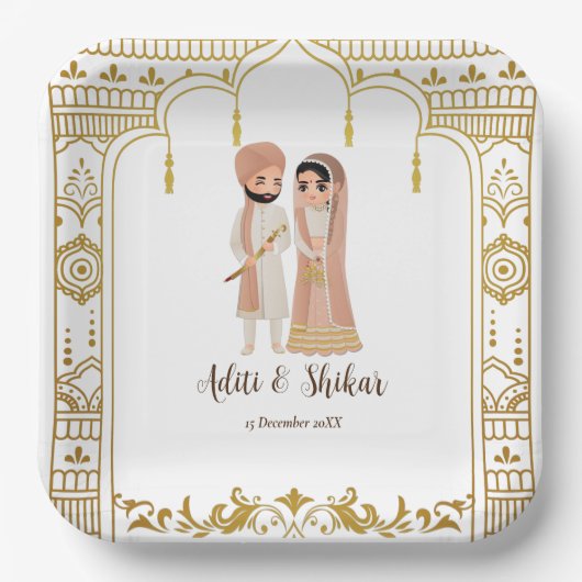 ゴールデンマンダプ縁どインディアンデザインスクエア ペーパープレート (正面)