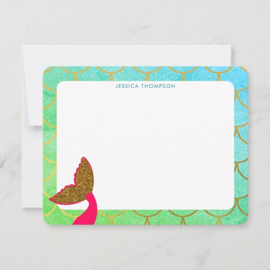 ゴールデンマーメイドスケール ティールターコイズ グリッター キッズ ノートカード (正面)