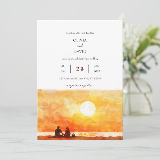 ゴールデンミニマルサンセットピクニックビーチ結婚式招待状 招待状 (スタンド正面)